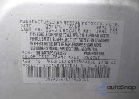 2019 Nissan Sentra Sv z USA, uszkodzony, nr VIN 3N1AB7AP0KY425961